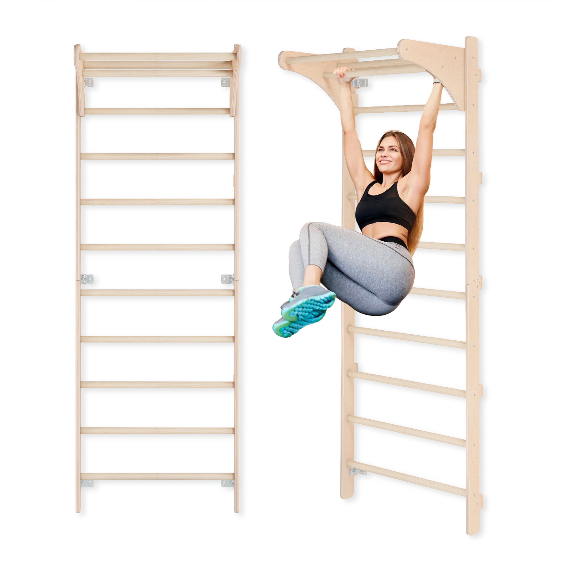 Duvara Monte Doğal Ahşap İsveç Duvarı – Yetişkinler İçin Jimnastik, Fitness ve Barfiks İstasyonu Hallka,Barfiks Kolu Ve Dips Kolu Dahildir