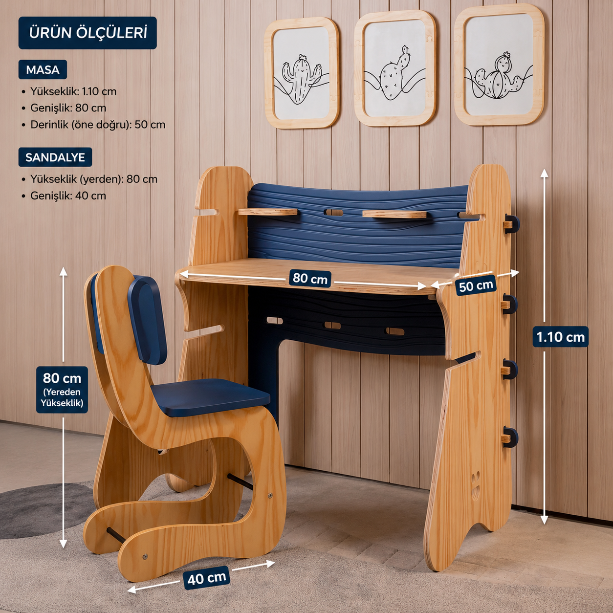 Kayın Plywood Çocuk Çalışma Masası ve Sandalye Seti