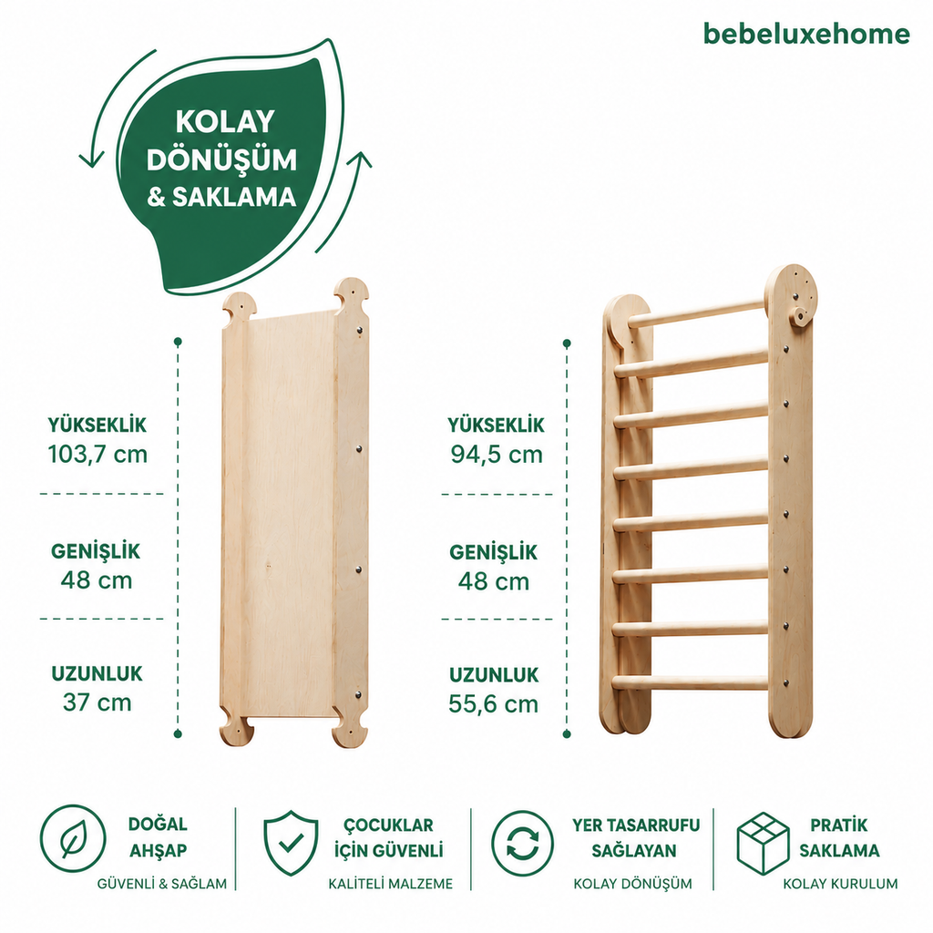 Çocuklar İçin Çok Fonksiyonlu Ahşap İsveç Duvarı – Kaydırak, Tırmanma Merdiveni, Halka ve İp Setli