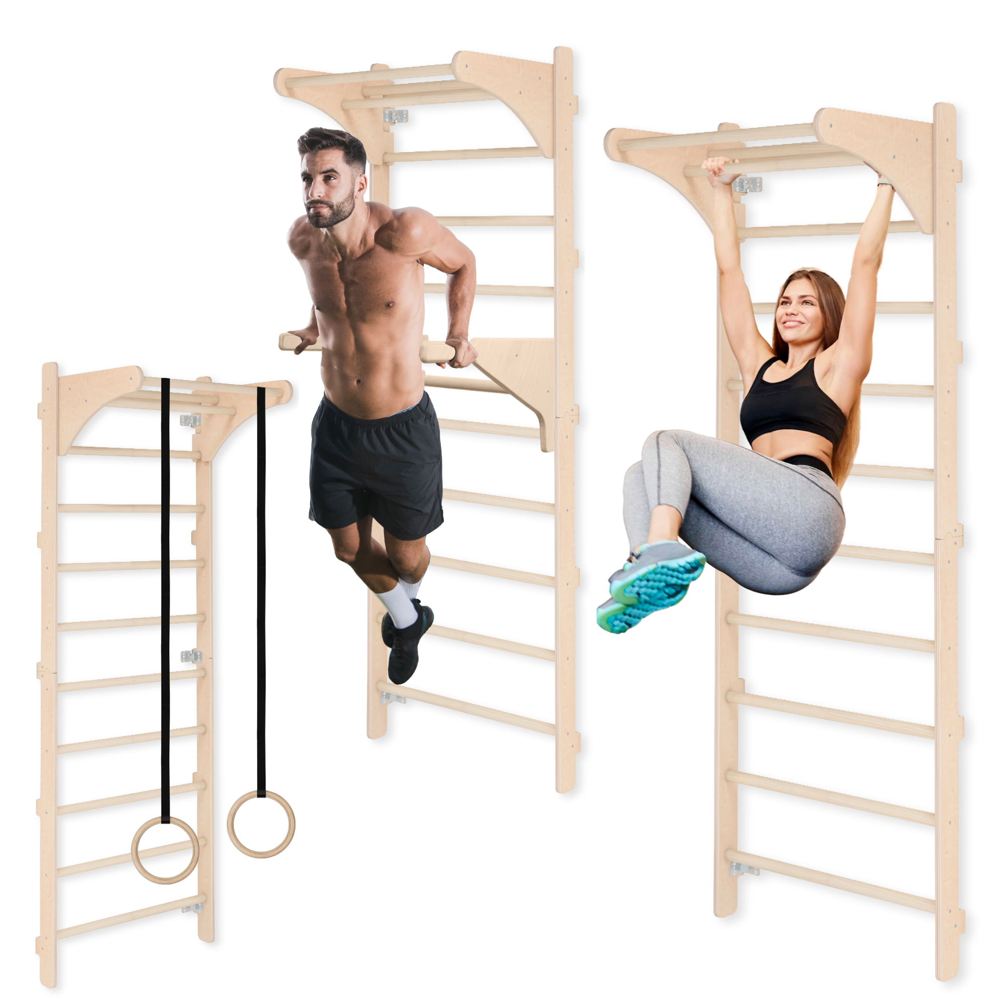 Duvara Monte Doğal Ahşap İsveç Duvarı – Yetişkinler İçin Jimnastik, Fitness ve Barfiks İstasyonu Hallka,Barfiks Kolu Ve Dips Kolu Dahildir