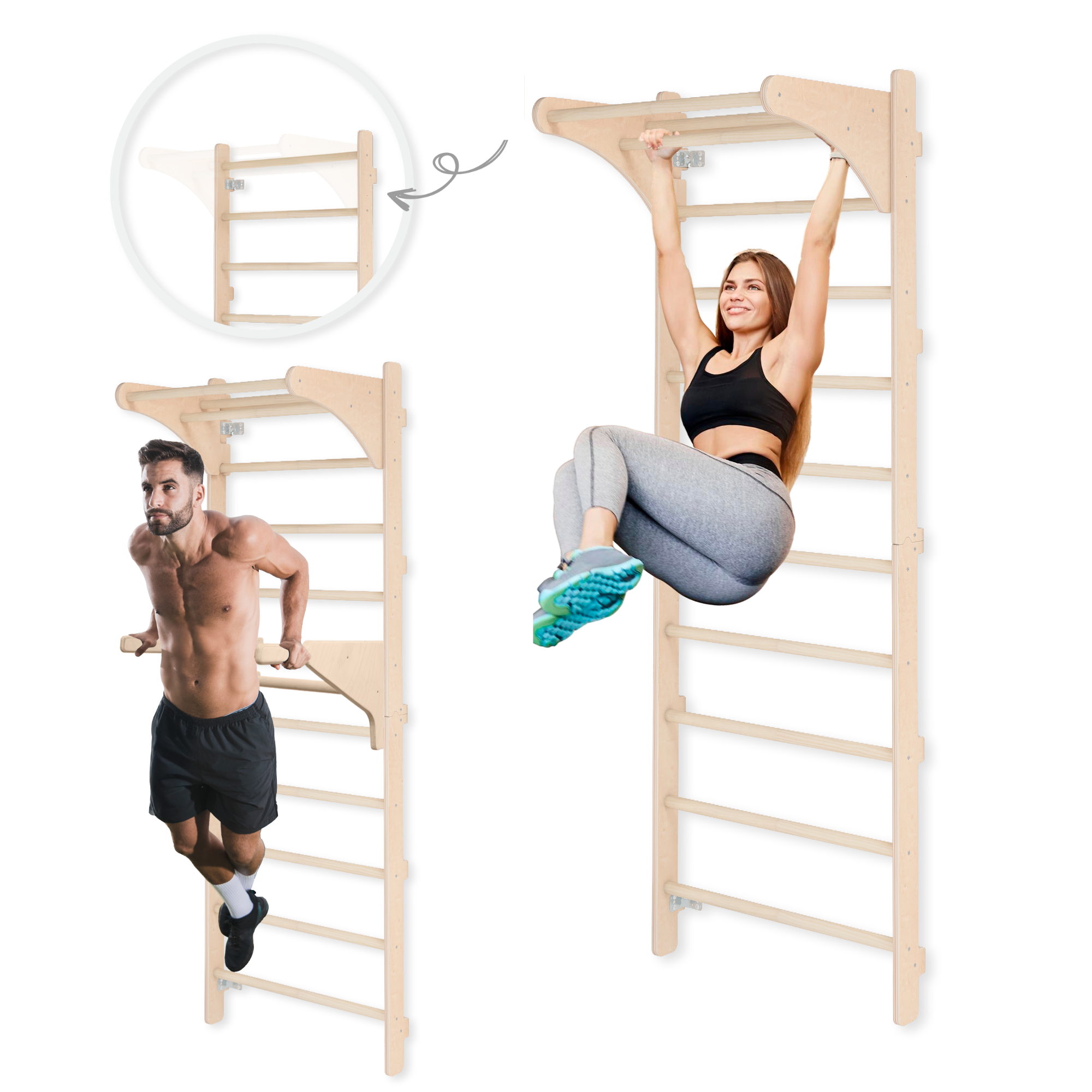 Duvara Monte Doğal Ahşap İsveç Duvarı – Yetişkinler İçin Jimnastik, Fitness ve Barfiks İstasyonu Hallka,Barfiks Kolu Ve Dips Kolu Dahildir
